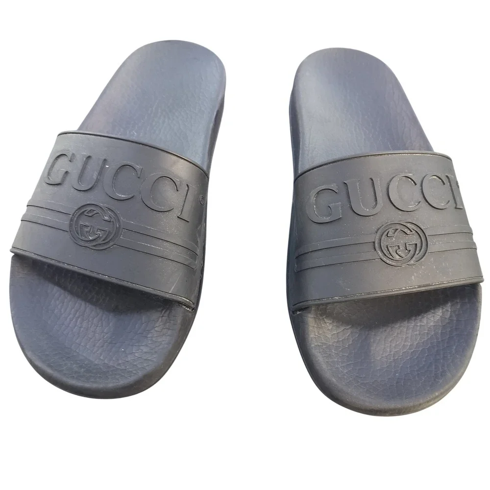 Gucci Rubber Logo Slides Sandals Dark Grey Interlocking G Made in Italy‎ 12